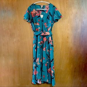 NWT Teal/ Pink Floral Flutter Sleeve faux Wrap Dress